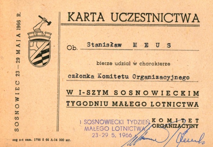Karta uczestnictwa Stanisława Meusa (Zbiory Stowarzyszenia Miłośników Starych Szybowców i Samolotów „Parcina”)
