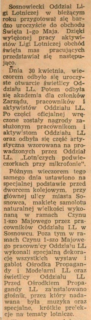 Fragment artykułu na temat samolotu, który stanął w Sosnowcu. 1951 r. (Źródło: „Skrzydła i Motor”, 1951 r.; Zbiory Stowarzyszenia Miłośników Starych Szybowców i Samolotów „Parcina”)